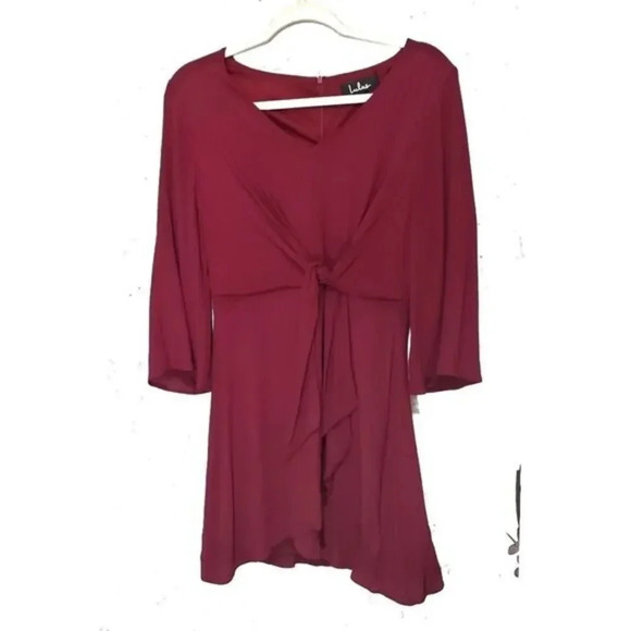 lulu’s Claremont Burgundy Tie-Front Three-Quarter Sleeve Dress - Picture 2 of 7